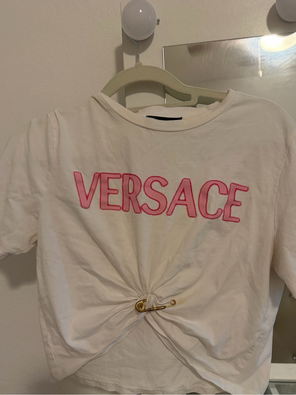 Versace White Short Sleeve Tee with Pink Logo and Gold Pin